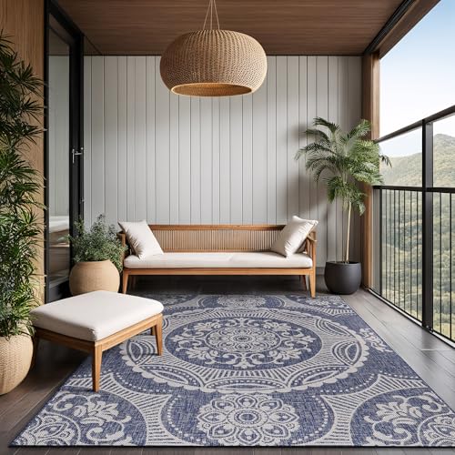 Medallion Outdoor Rug 8x10 Washable Outside Carpet for Indoor Patio Porch Waterproof Easy Cleaning Non Shedding Area Rugs Blue 8 x 10
