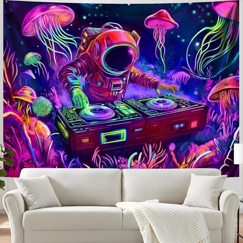 Blacklight Space Astronaut Tapestry UV Reactive Galaxy Planet Glow in Dark Tapestries Black Light Poster Neon Wall Hanging Art for bedroom Living Room