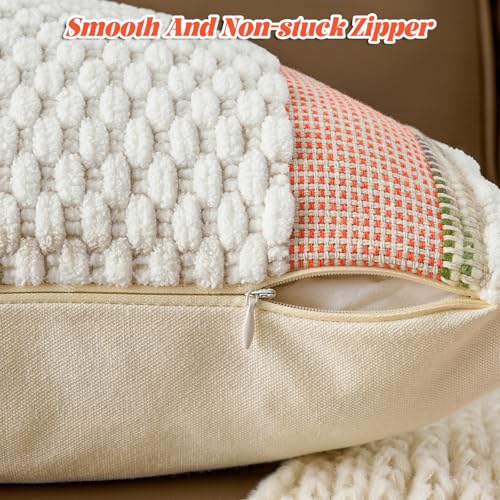 Chenille Striped Textured Boho Throw Pillow Covers Aesthetic with Tassels Woven Decorative Pillow Case for Couch Bed Sofa Bedroom Modern Funky 18 x 18