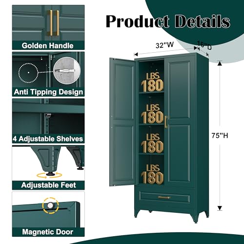 75" Metal Storage Cabinet with Doors and 3 Adjustable Shelves