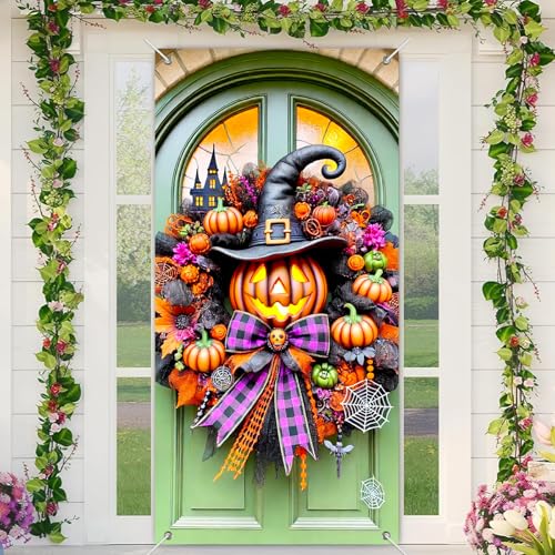 Halloween Door Cover Witch Hat Boo 35x71 Inch Polyester