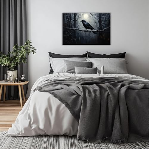 Crow Canvas Wall Art Black Crow Stand On The Branch Picture Print Moonlit Night Poster Vintage Forest Landscape Painting Artwork Living Room Halloween Decor