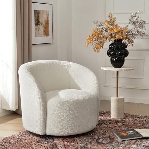 34" W Mid Century Modern Boucle Swivel Barrel Chair