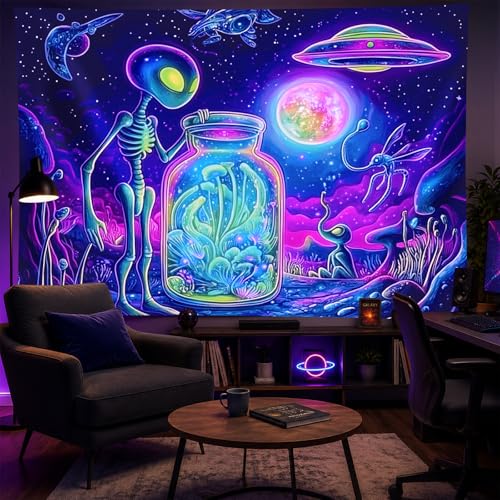 Blacklight Tapestry Extraterrestrial Wall Hanging 59 x 78 Inch