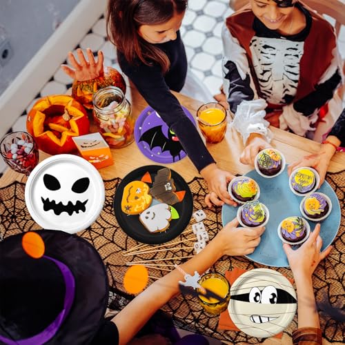 105PCS Halloween Paper Plates Ghosts Pumpkin Skull Spider Web Design for Halloween Party Decorations Supplies (105 Count)
