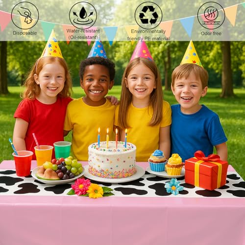 3 Pack 108 x 54 Inch Cow Print Tablecloth Cow Plastic Table Cover Birthday Party Table Cloth Disposable Plastic Farm Animal Party Cover for Disco Cowgirl Decorations Supplies Pink (3 Count)