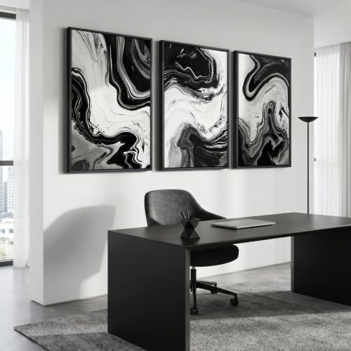 Large Framed Black and White Modern Abstract Wall Art Set of 3 (3 Count)