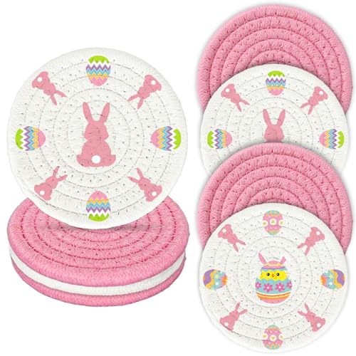 4Pcs Easter Coasters Bunny Rabbit Egg Handmade Braided Cotton Drink Coasters Pink White Absorbent Anti Slip Round Tabletop Protection for Home Office Spring Party Tableware Decor Gift (4 Count)
