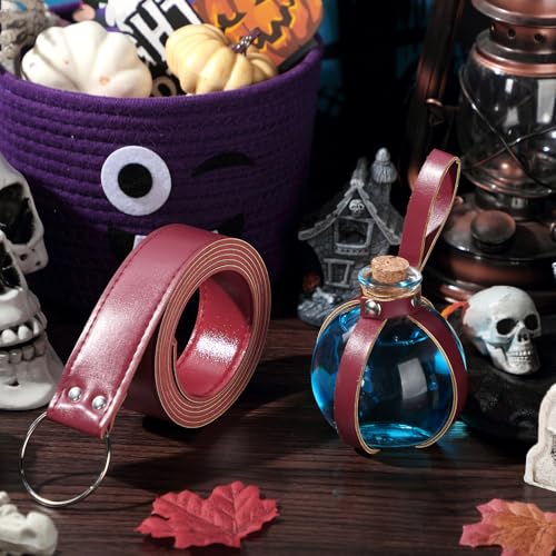 Mardi Gras Potion Bottles with Cork Set Dark Magic Cork Round Potion Bottle with Leather Belt Clear Glass Large for Halloween Costume Props DIY Crafts Decorative