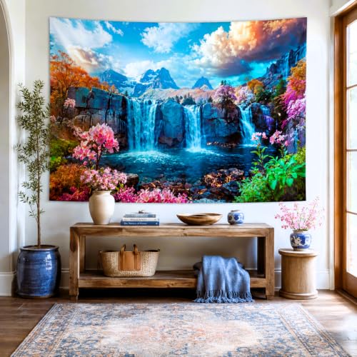 Waterfall Tapestry Tropical Forest Mountain Sunset Tree Wall Hanging Tapestry Scenic Rainforest Landscape Nature Sunrise Headboard for Bedroom Living Room Home Decor