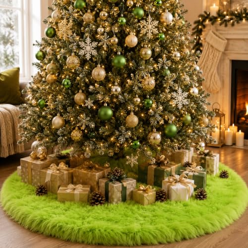 48 Inch Faux Fur Christmas Tree Skirt Green Plush Skirt for Merry Christmas Party Christmas Tree Decoration