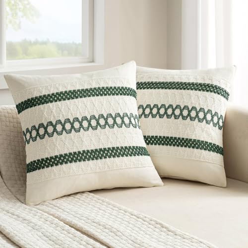 Set of 2 Dark Green Boho Christmas Decorative Pillow Covers 18x18 Inch (2 Count)
