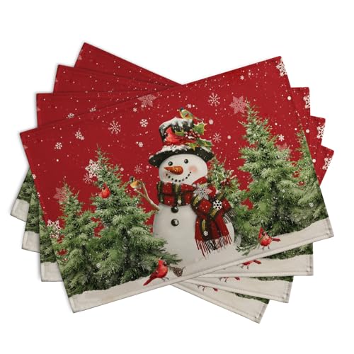 Snowman Christmas Red Placemats Set of 4 Xmas Tree Cardinal Snowflakes Linen Table Mats Seasonal Winter Holiday Place Mats Washable Placemat for Party Kitchen Dining Outdoor Indoor Decor (4 Count)