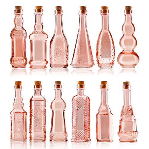 Small MIni Reddish Vintage Glass Bottles with Corks (12 Count)