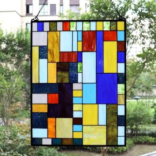 Geometric Color Block Tiffany Style Stained Glass Window Panel with Hanging Chain