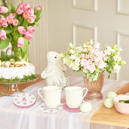 4Pcs Easter Coasters Bunny Rabbit Egg Handmade Braided Cotton Drink Coasters Pink White Absorbent Anti Slip Round Tabletop Protection for Home Office Spring Party Tableware Decor Gift (4 Count)