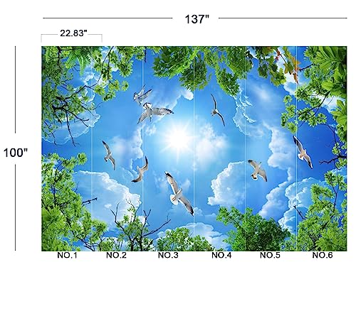 Sky Seagull Green Tree Ceiling 3D wall Mural Wallpaper 137" x 100" (95.12 Sq Ft)