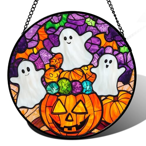Stained Glass Window Hanging Halloween Horror Pumpkin White Ghost 9.8"