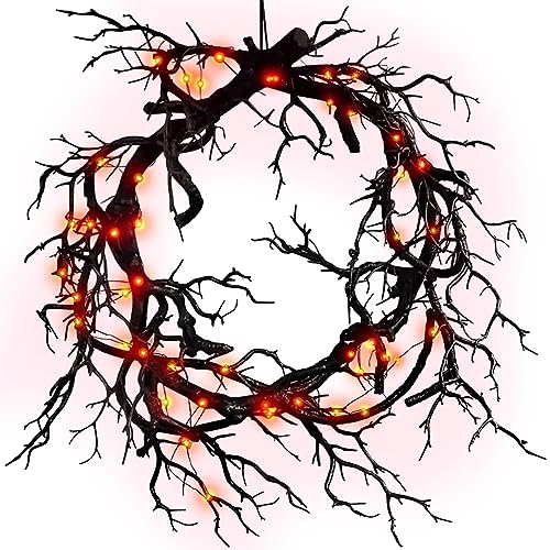 Halloween Black Branch Wreath Signs for Front Door with Red Lights