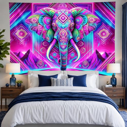 Blacklight Tapestry Elephant Neon Wall Art 78 x 59 Inch