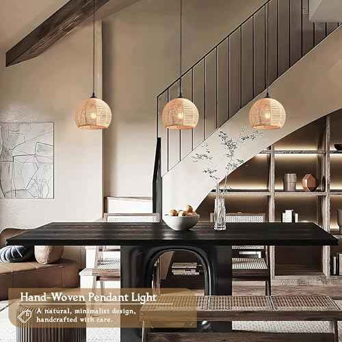 2 Pack Wicker Pendant Light Natural Woven Pendant Light Boho Chandelier Light Fixture Dome Rustic Farmhouse Pendant Lights Rattan Light Fixture for Kitchen Island Dining Room