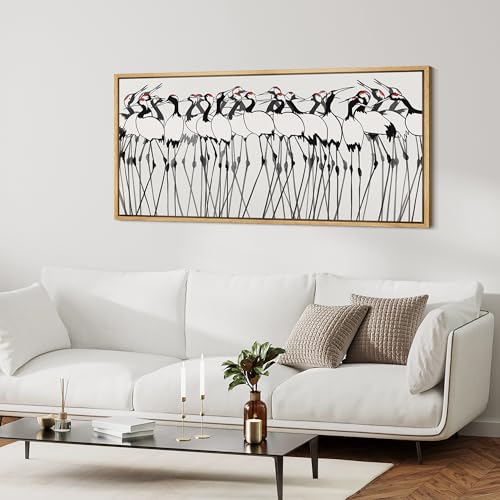 Extra Large Framed Canvas Print Wall Art Minimalist Crane Flock Japanese Ink Style Bird Illustrations Decorative Colorful Multicolor for Bedroom