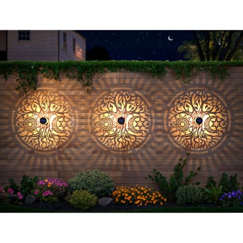 2 Pack Large Solar Fence Lights Metal Solar Powered Outdoor Wall Deck Step Lights Tree Theme Waterproof Fence Light for Garden Post Patio Backyard Yard Decor (2 Count)