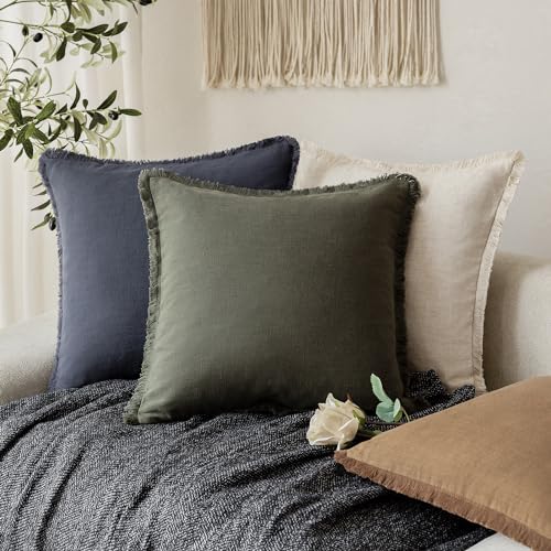 Decorative Linen Fringe Throw Pillow Covers 20×20 Dark Green (2 Count)