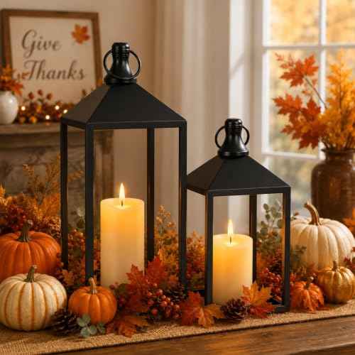 2 Pcs Black Decorative Metal Lanterns Farmhouse Lantern Decor with Candles (2 Count)