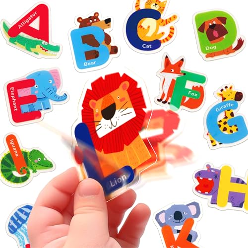 26 PCS Alphabet Animal Gel Stickers Colorful Uppercase Animal Stickers and ABC Window Decals Ideal for Toddlers Spelling Learning for Home Classroom and Nursery Thick Removable & Reusable (26 Count)