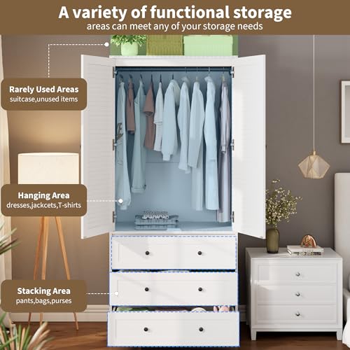70" Wardrobe Armoire Wooden Closet with 3 Drawers