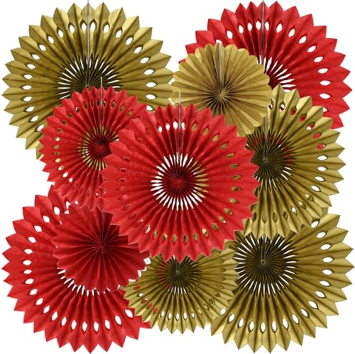 Honeycomb Round Paper Fans Red Gold Hanging Party Decoration (10 Count)
