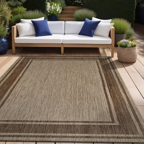 Outdoor Rug 8x10 Modern Bordered Area Rugs for Indoor and Outdoor Patio Deck Porch Garden Waterproof Weather Sun Resistant Washable Outside Carpet (80 Sq Ft)