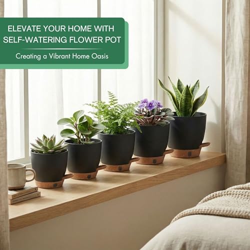 5-Pack Self-Watering Plastic Plant Pots 5/5.5/6/6.5/7 Inch– Black Indoor Flower Pots with Wick & Water Tray for Herbs, Succulents, Seedlings, Small Plants (5 Count)