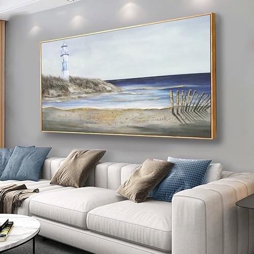 Coastal Wall Art Framed Wall Decor Blue and White Lighthouse Canvas Painting Modern Wall Hanging Artwork for Living Room Bedroom Dining Room Office Home Decor 20x40 Inch