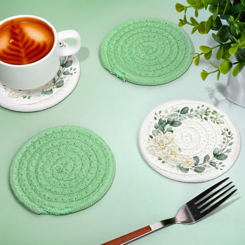 Eucalyptus Floral Cotton Coasters Flower Leaves Handmade Braided Drink Coasters Green Absorbent Cup Mat for Spring Wedding Baby Shower Party Home Office Table Decor (4 Count)