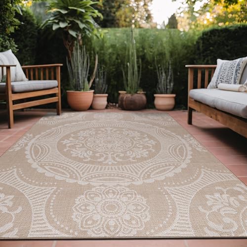Medallion Outdoor Rug 10x14 Washable Outside Carpet for Indoor Patio Porch Waterproof Easy Cleaning Non Shedding Area Rugs Beige 10 x 14