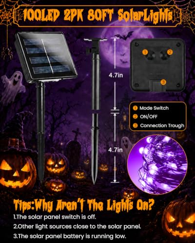 Solar Halloween String Lights Outdoor 2Pack 80FT 200LED Purple Fairy Lights (2 Count)