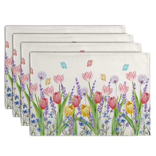 Tulip Placemats Set of 4 Spring Summer Flowers Tulips Lavender Place Mats Watercolor Floral Dandelion Butterfly Non