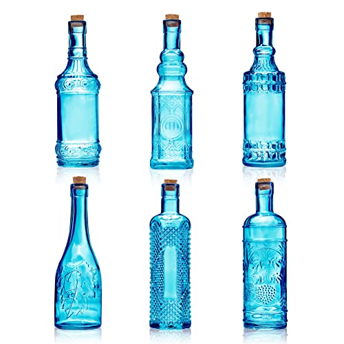 Assorted Blue Glass Bottles with Corks (6 Count)