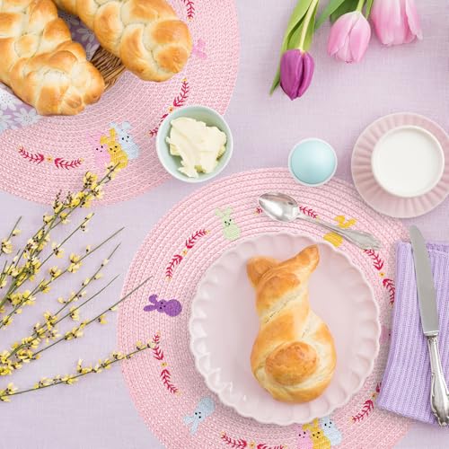 4Pcs Easter Bunny Round Placemats Pink Rabbit Embroidered Place Mats Spring Cute Kitchen Table Mats for Home Wedding Baby Shower Birthday Dinner Party Decor (4 Count)