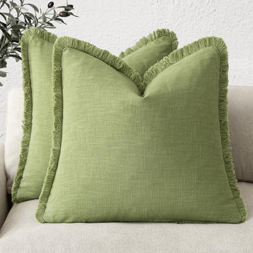 Decorative Linen Fringe Throw Pillow Covers 22×22 Lush Green (2 Count)