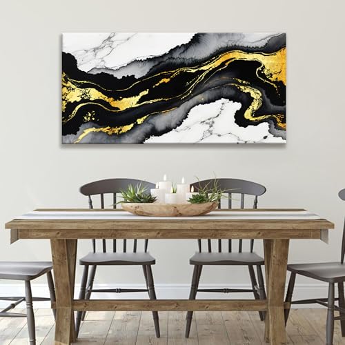 Abstract Black And Gold Wall Art For Living Room Artwork 24x48 Inch