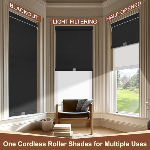Cordless Dual Roller Shades.Linen Black and White.59 W x 48" H