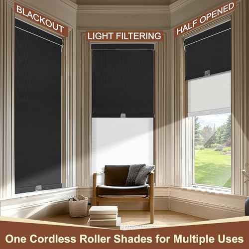 Cordless Dual Roller Shades.Linen Black and White.70 W x 44" H