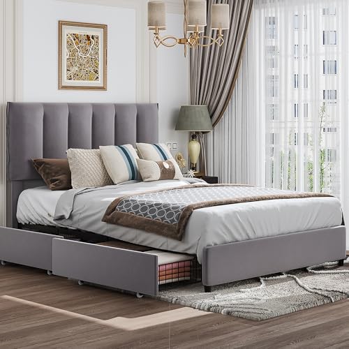 Full Size Bed Frame with 4 Storage Drawers