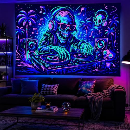 Blacklight Tapestry DJ Skull Party Backdrop 78 x 59 Inch