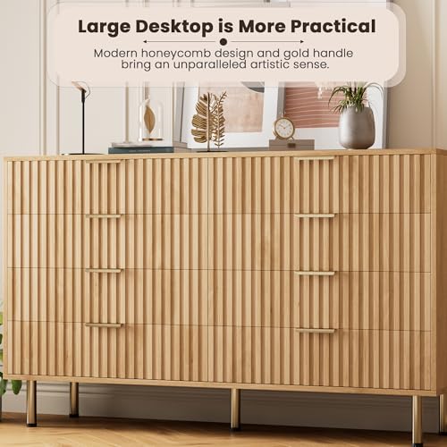 55" Fluted Natural 8 Drawer Dresser for Bedroom with Deep Drawer