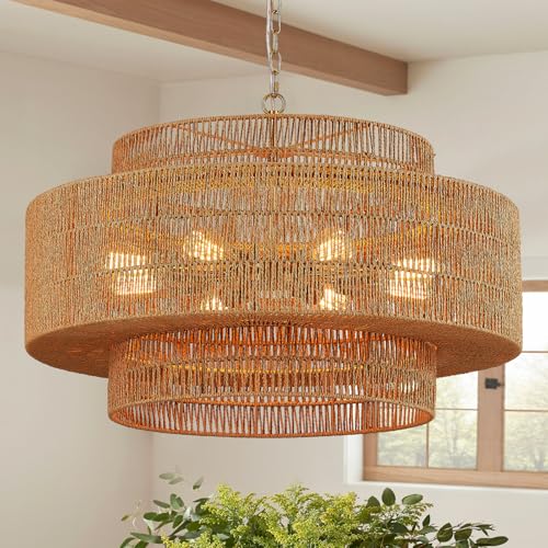 31" Large Gold Rattan Chandelier