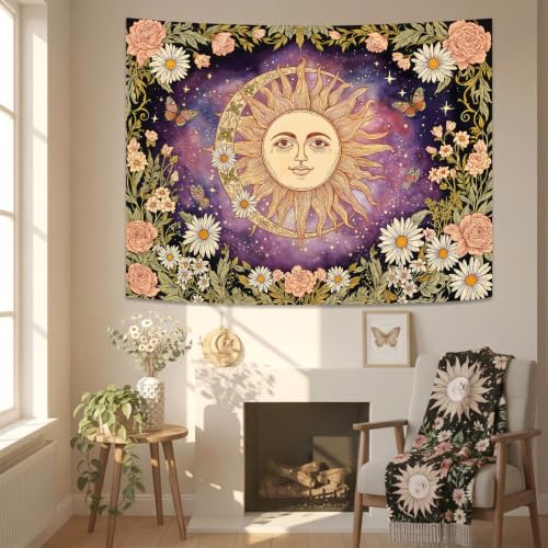 Vintage Sun and Moon Boho Hippie Purple Floral Tapestry 80 x 60 Inch